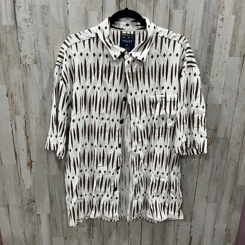 Trust‎ White Brown Linen Button Up Vacation Hawaiian Shirt Mens XXL